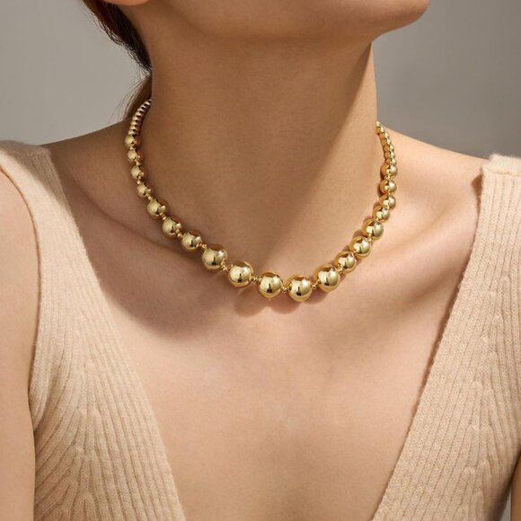 Bold 14K Gold-Plated Chunky Beaded Necklace for Women, Adjustable Rope Chain, St - Picture 3 of 7